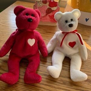 Ty Beanie Babies Red and White Valentine Bears with Heart and Ribbon